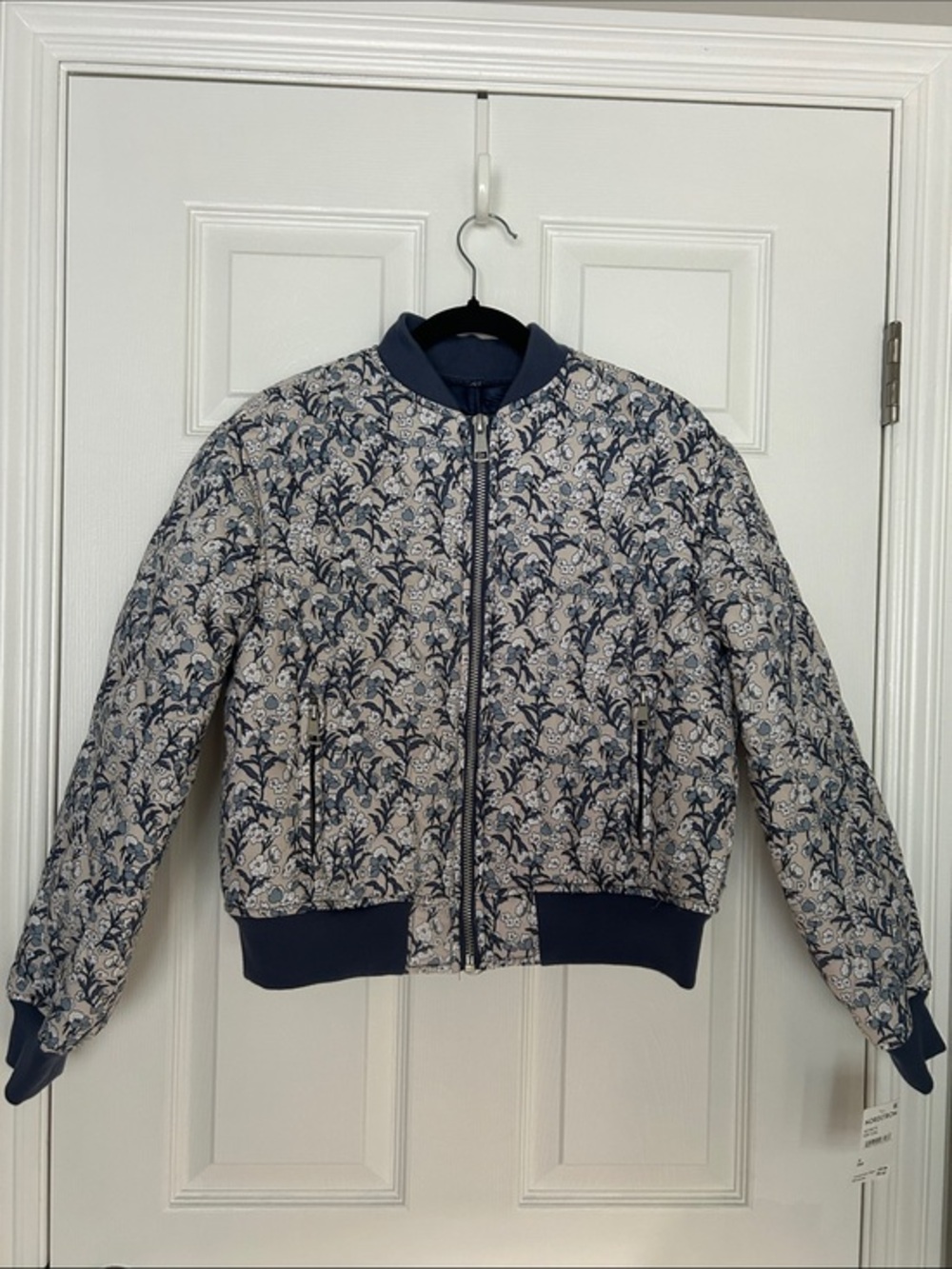 Quilted Floral Bomber Jacket - Navy & Cream